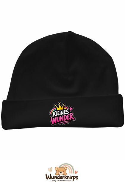Umschlagmütze Rox-01 in Schwarz mit Motiv Kleines Wunder mit Regenbogen