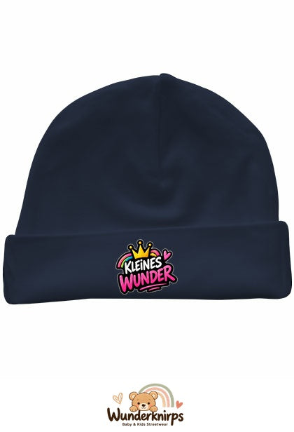 Umschlagmütze Rox-01 in Marineblau mit Motiv Kleines Wunder mit Regenbogen