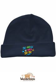 Umschlagmütze Rox-01 in Marineblau mit Motiv Sei frech, sei wild, sei du