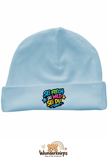 Umschlagmütze Rox-01 in Pastellblau mit Motiv Sei frech, sei wild, sei du