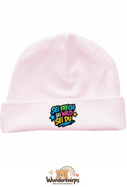 Umschlagmütze Rox-01 in Pastellrosa mit Motiv Sei frech, sei wild, sei du