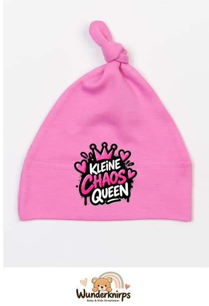 Knotenmütze Babybugz BZ15 in Bubblegum-Pink mit Motiv Kleine Chaos Queen