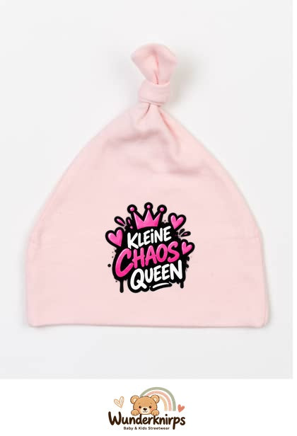 Knotenmütze Babybugz BZ15 in Pastellrosa mit Motiv Kleine Chaos Queen