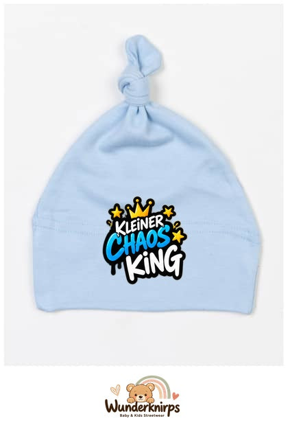 Knotenmütze Babybugz BZ15 in Staubblau mit Motiv Kleiner Chaos King