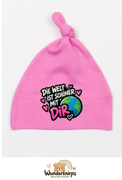 Knotenmütze Babybugz BZ15 in Bubblegum-Pink mit Motiv Die Welt ist schöner mit dir