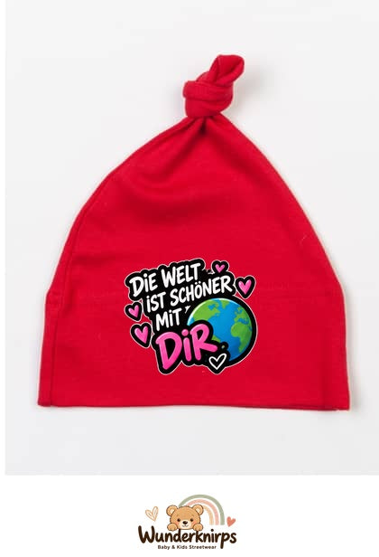 Knotenmütze Babybugz BZ15 in Rot mit Motiv Die Welt ist schöner mit dir