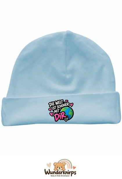 Umschlagmütze Rox-01 in Pastellblau mit Motiv Die Welt ist schöner mit dir