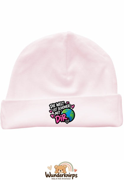 Umschlagmütze Rox-01 in Pastellrosa mit Motiv Die Welt ist schöner mit dir