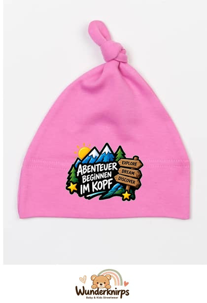 Knotenmütze Babybugz BZ15 in Bubblegum-Pink mit Motiv Abenteuer beginnen im Kopf