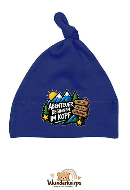 Knotenmütze Babybugz BZ15 in Marineblau mit Motiv Abenteuer beginnen im Kopf