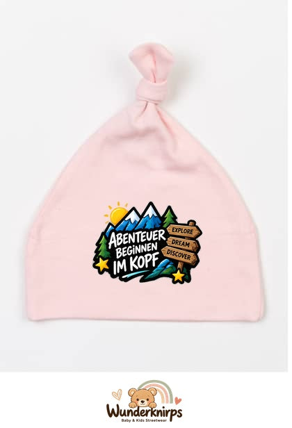 Knotenmütze Babybugz BZ15 in Pastellrosa mit Motiv Abenteuer beginnen im Kopf