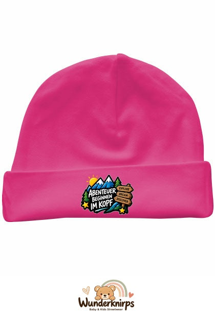 Umschlagmütze Rox-01 in Pink mit Motiv Abenteuer beginnen im Kopf