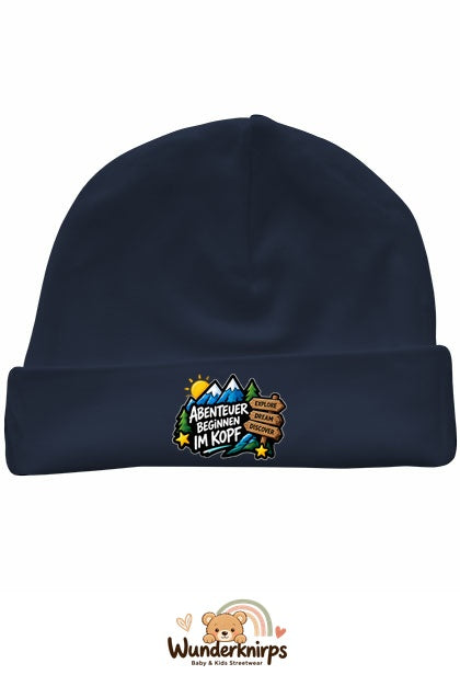 Umschlagmütze Rox-01 in Marineblau mit Motiv Abenteuer beginnen im Kopf