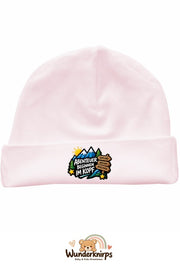 Umschlagmütze Rox-01 in Pastellrosa mit Motiv Abenteuer beginnen im Kopf
