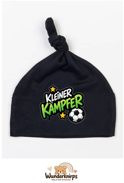 Knotenmütze Babybugz BZ15 in Schwarz mit Motiv Kleiner Kämpfer mit Fußball