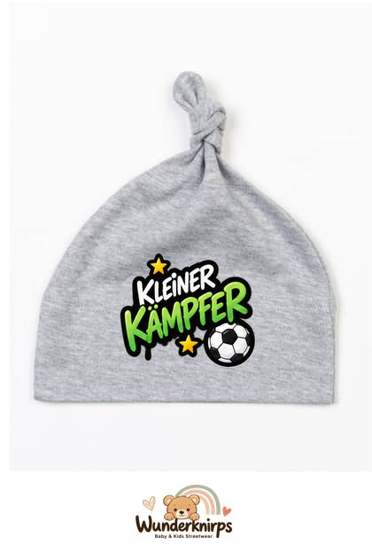 Knotenmütze Babybugz BZ15 in Grau meliert mit Motiv Kleiner Kämpfer mit Fußball