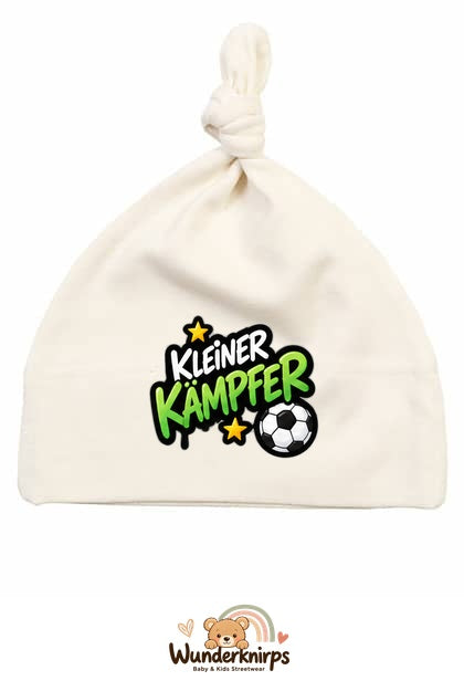 Knotenmütze Babybugz BZ15 in Natur mit Motiv Kleiner Kämpfer mit Fußball
