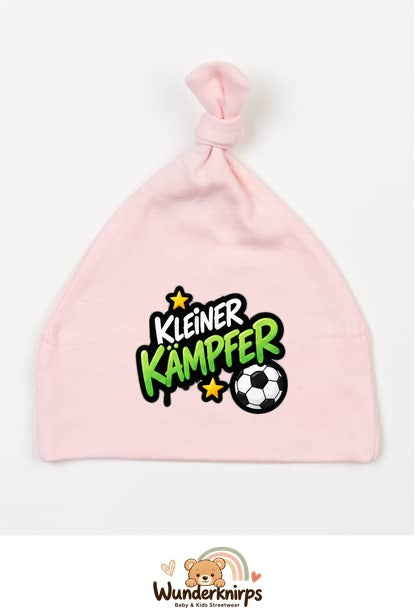 Knotenmütze Babybugz BZ15 in Pastellrosa mit Motiv Kleiner Kämpfer mit Fußball