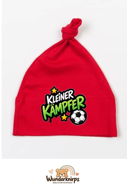 Knotenmütze Babybugz BZ15 in Rot mit Motiv Kleiner Kämpfer mit Fußball