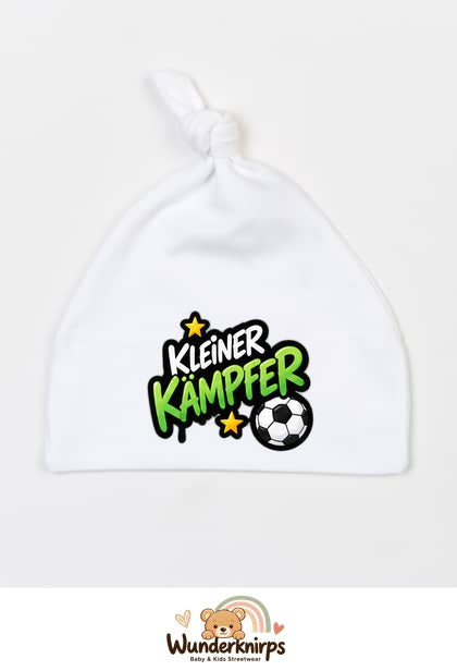 Knotenmütze Babybugz BZ15 in Weiß mit Motiv Kleiner Kämpfer mit Fußball