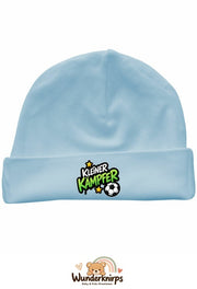 Umschlagmütze Rox-01 in Pastellblau mit Motiv Kleiner Kämpfer mit Fußball