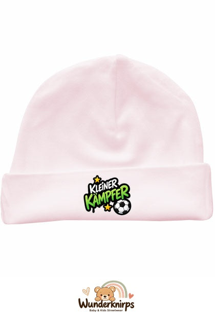 Umschlagmütze Rox-01 in Pastellrosa mit Motiv Kleiner Kämpfer mit Fußball