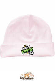 Umschlagmütze Rox-01 in Pastellrosa mit Motiv Kleiner Kämpfer mit Fußball