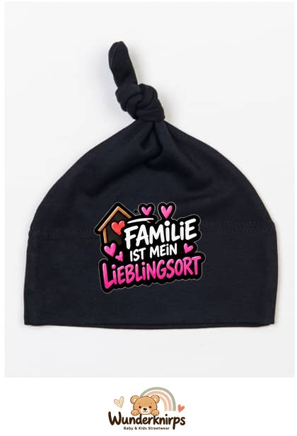 Knotenmütze Babybugz BZ15 in Schwarz mit Motiv Familie ist mein Lieblingsort