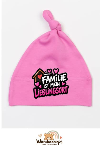 Knotenmütze Babybugz BZ15 in Bubblegum-Pink mit Motiv Familie ist mein Lieblingsort