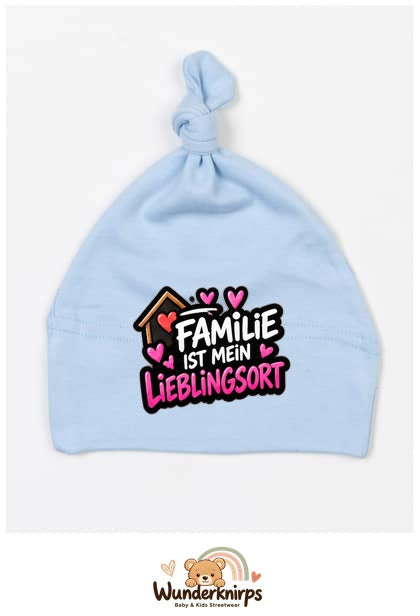Knotenmütze Babybugz BZ15 in Staubblau mit Motiv Familie ist mein Lieblingsort