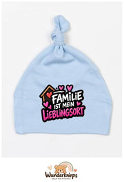 Knotenmütze Babybugz BZ15 in Staubblau mit Motiv Familie ist mein Lieblingsort