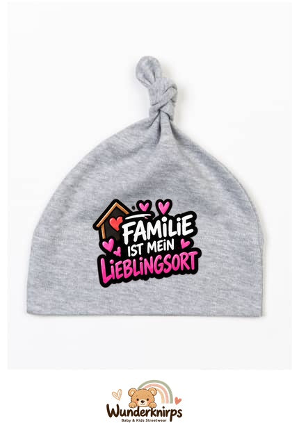 Knotenmütze Babybugz BZ15 in Grau meliert mit Motiv Familie ist mein Lieblingsort