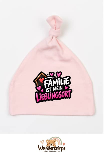 Knotenmütze Babybugz BZ15 in Pastellrosa mit Motiv Familie ist mein Lieblingsort