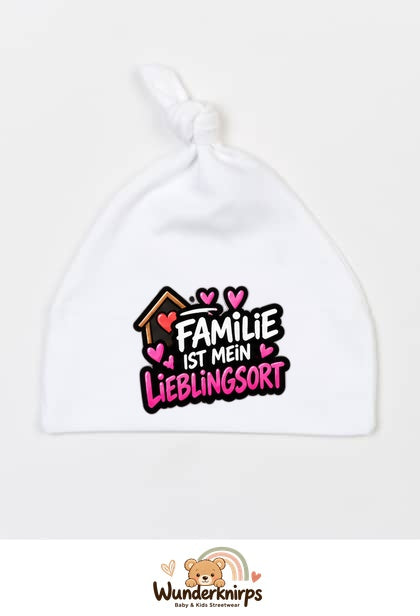 Knotenmütze Babybugz BZ15 in Weiß mit Motiv Familie ist mein Lieblingsort