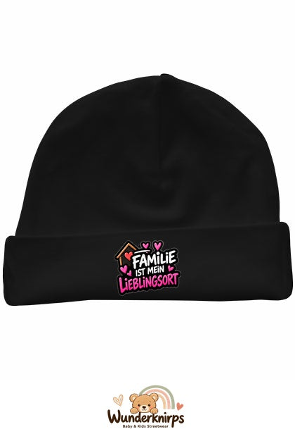 Umschlagmütze Rox-01 in Schwarz mit Motiv Familie ist mein Lieblingsort