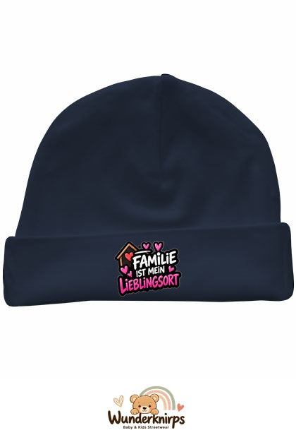 Umschlagmütze Rox-01 in Marineblau mit Motiv Familie ist mein Lieblingsort
