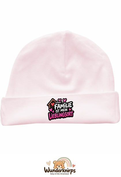 Umschlagmütze Rox-01 in Pastellrosa mit Motiv Familie ist mein Lieblingsort