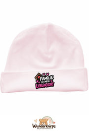 Umschlagmütze Rox-01 in Pastellrosa mit Motiv Familie ist mein Lieblingsort
