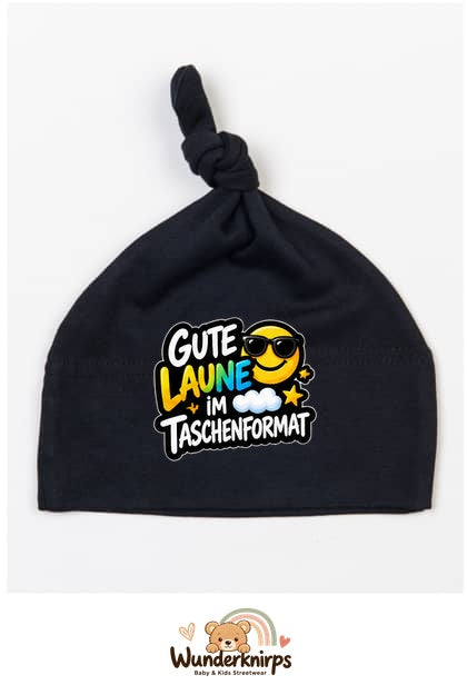Knotenmütze Babybugz BZ15 in Schwarz mit Motiv Gute Laune im Taschenformat