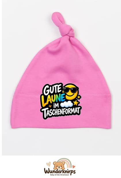 Knotenmütze Babybugz BZ15 in Bubblegum-Pink mit Motiv Gute Laune im Taschenformat