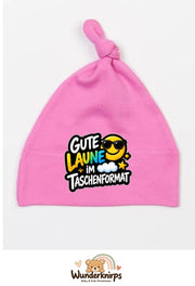 Knotenmütze Babybugz BZ15 in Bubblegum-Pink mit Motiv Gute Laune im Taschenformat