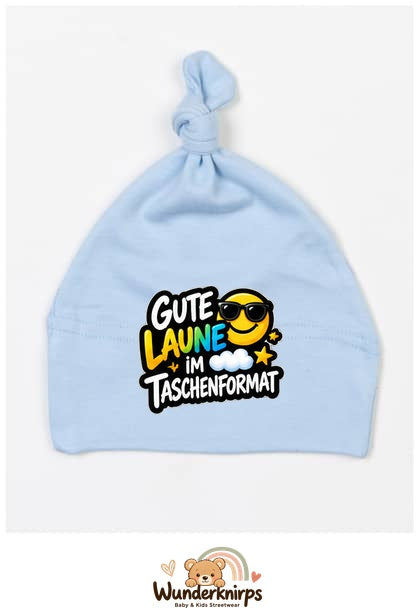 Knotenmütze Babybugz BZ15 in Staubblau mit Motiv Gute Laune im Taschenformat