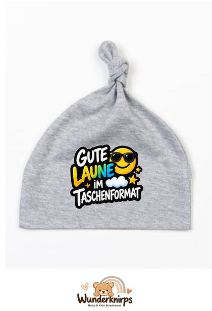 Knotenmütze Babybugz BZ15 in Grau meliert mit Motiv Gute Laune im Taschenformat