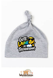 Knotenmütze Babybugz BZ15 in Grau meliert mit Motiv Gute Laune im Taschenformat
