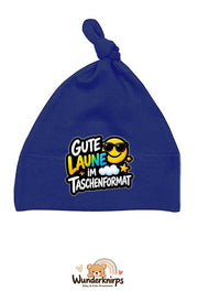 Knotenmütze Babybugz BZ15 in Marineblau mit Motiv Gute Laune im Taschenformat