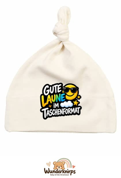 Knotenmütze Babybugz BZ15 in Natur mit Motiv Gute Laune im Taschenformat