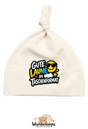 Knotenmütze Babybugz BZ15 in Natur mit Motiv Gute Laune im Taschenformat