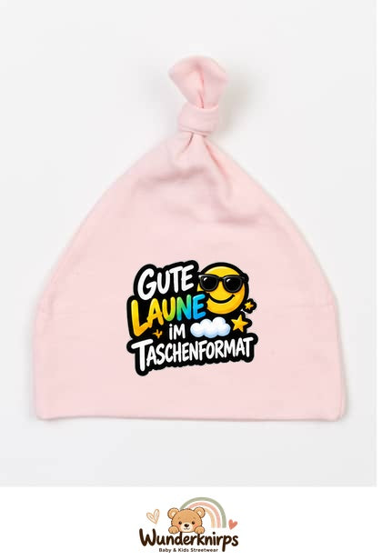 Knotenmütze Babybugz BZ15 in Pastellrosa mit Motiv Gute Laune im Taschenformat