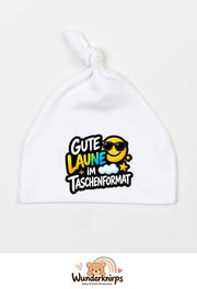 Knotenmütze Babybugz BZ15 in Weiß mit Motiv Gute Laune im Taschenformat