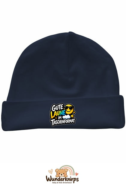 Umschlagmütze Rox-01 in Marineblau mit Motiv Gute Laune im Taschenformat